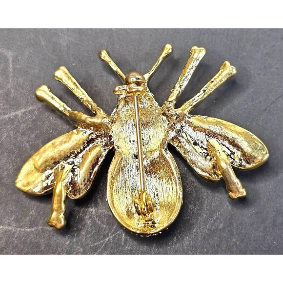 Vintage Rhinestone & Gold-Tone Bee Insect Brooch With Green Eyes - Picture 5 of 7